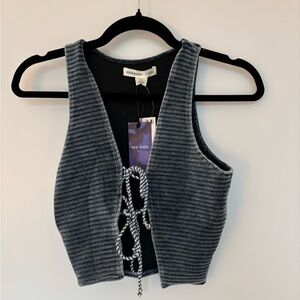 Navy Ribbed Knit Crop Top with Blue and White tie string